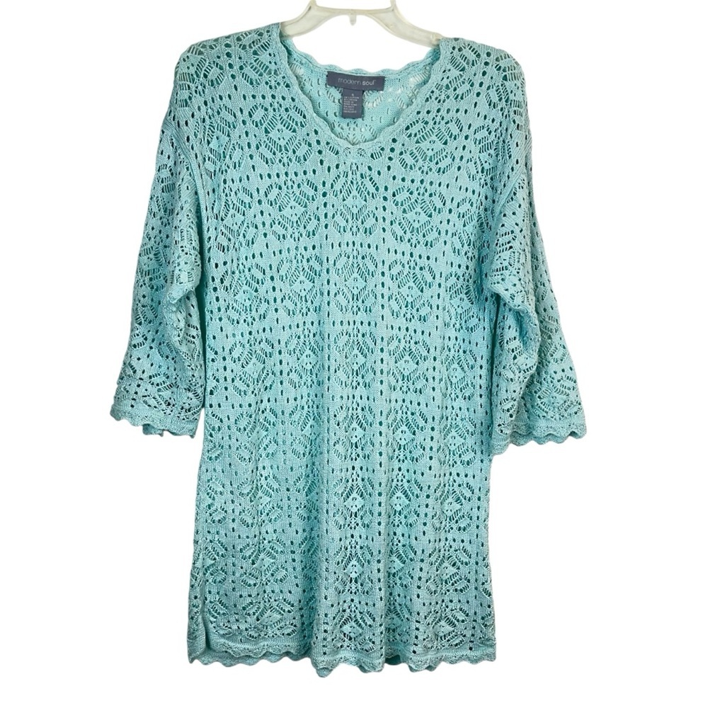 Modern Soul Open Knit Crochet Cotton Blend Sweater Ice Blue Women’s Size S